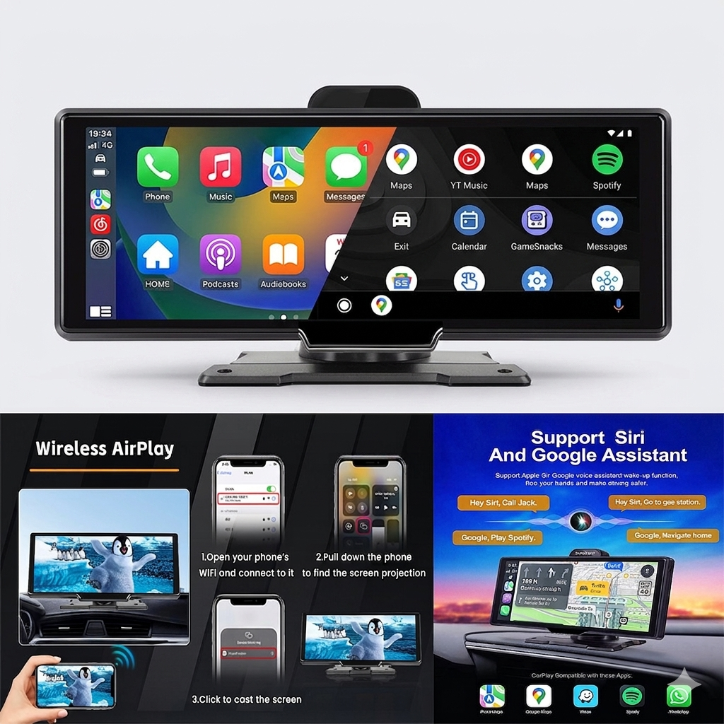 10.26 inch smart car display with wireless Apple CarPlay and Android Auto