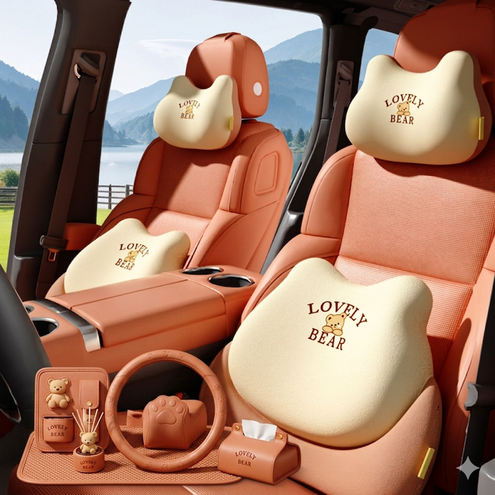 Car lumbar support cushion with headrest ergonomic design