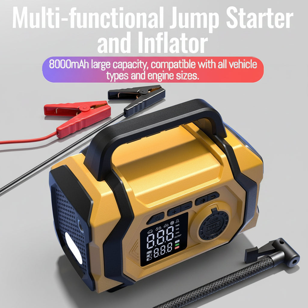 Car jump starter with tire inflator and vacuum cleaner