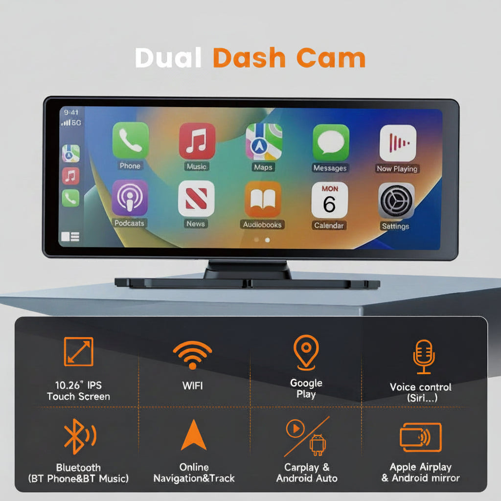 IPS touchscreen CarPlay monitor with 4K front camera