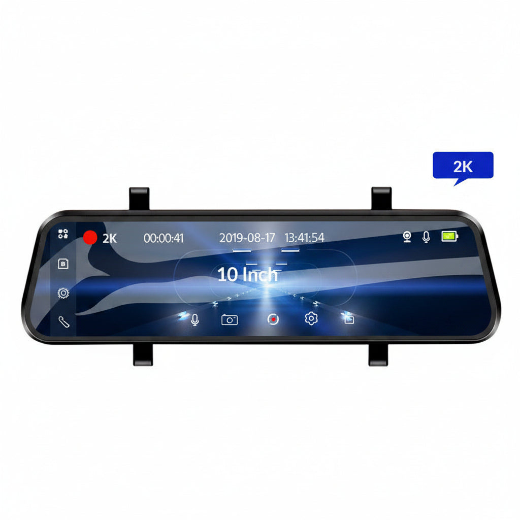 A 10-inch rear-view mirror car radar detector with a glossy black frame and a blue reflective screen, shown on a white background with a blue '2K' label.