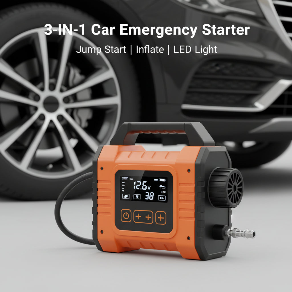 Jump starter power bank with tire inflator and LED light