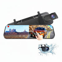 Car dashboard camera with a screen displaying a road and car, surrounded by water droplets indicating waterproof feature.