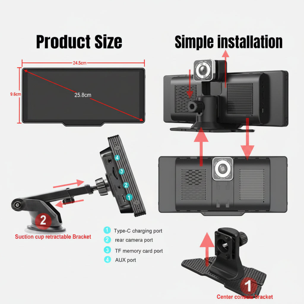 Car display with 4K dash cam front camera recording