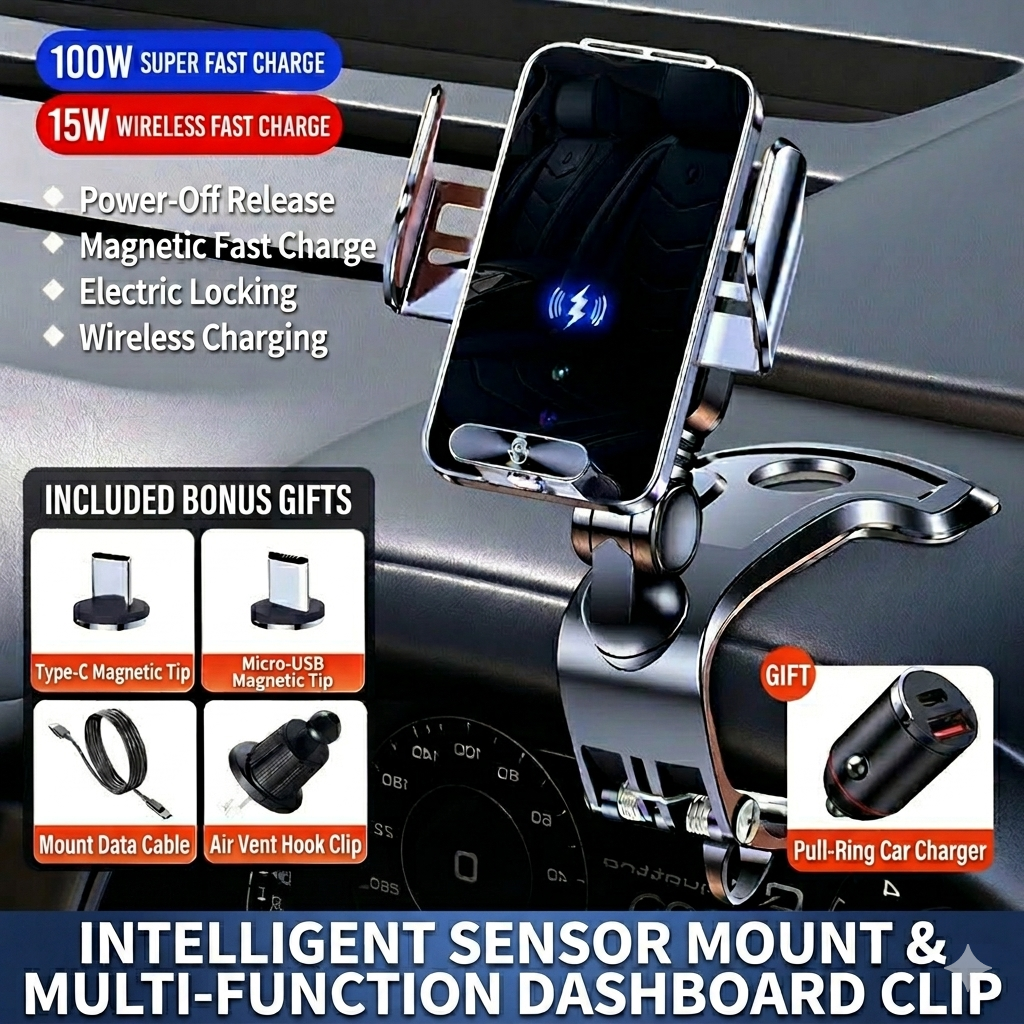 Magnetic wireless charging car phone holder dashboard mount