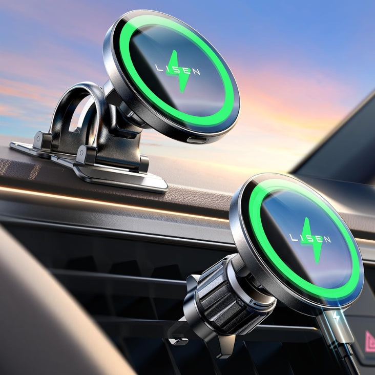 Magnetic Wireless Charging Car Mount – Dashboard & Air-Vent Options, Black