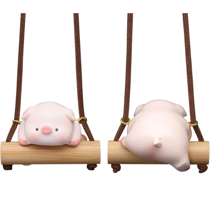 Pig on Swing Car Mirror Hanging Ornament – Painted Resin, White