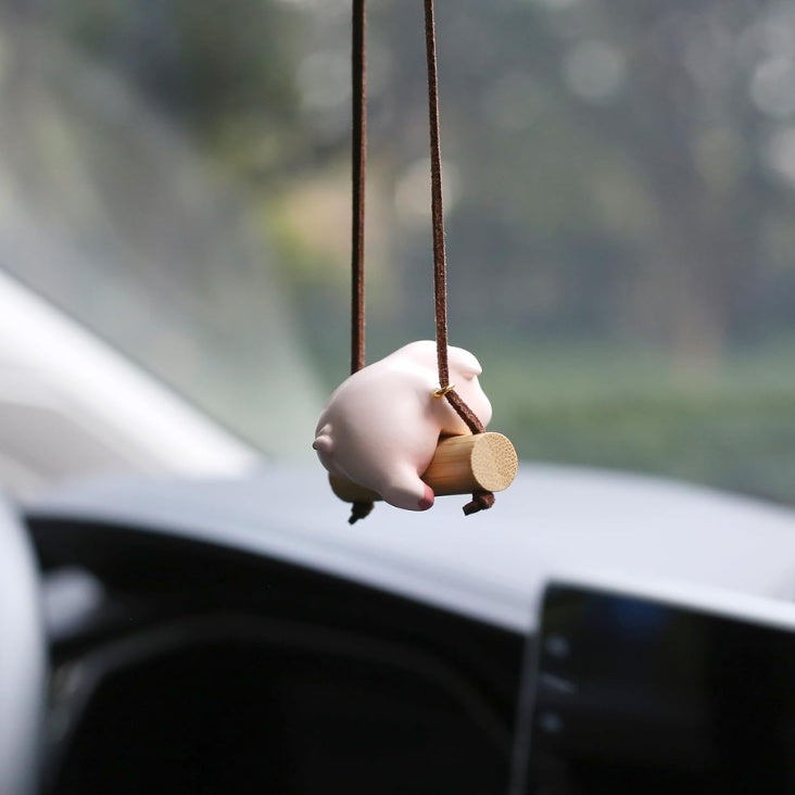 Pig on swing car ornament – view 2