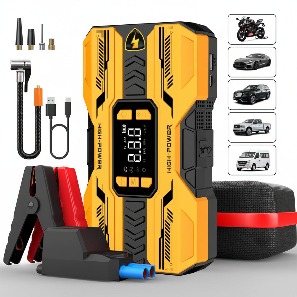 portable 12V car jump starter with built-in air compressor and LED light for emergency roadside use