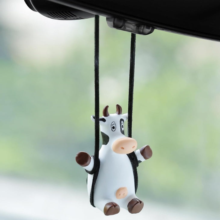 Swinging Cow Car Mirror Hanging Ornament – White