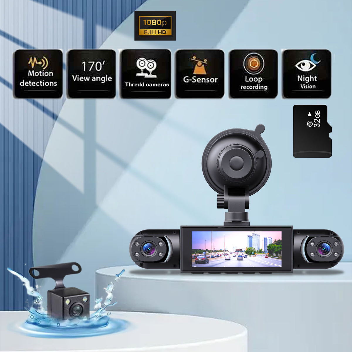 Y108 4-lens 1080p dash cam with reverse camera and 128GB card – main product view